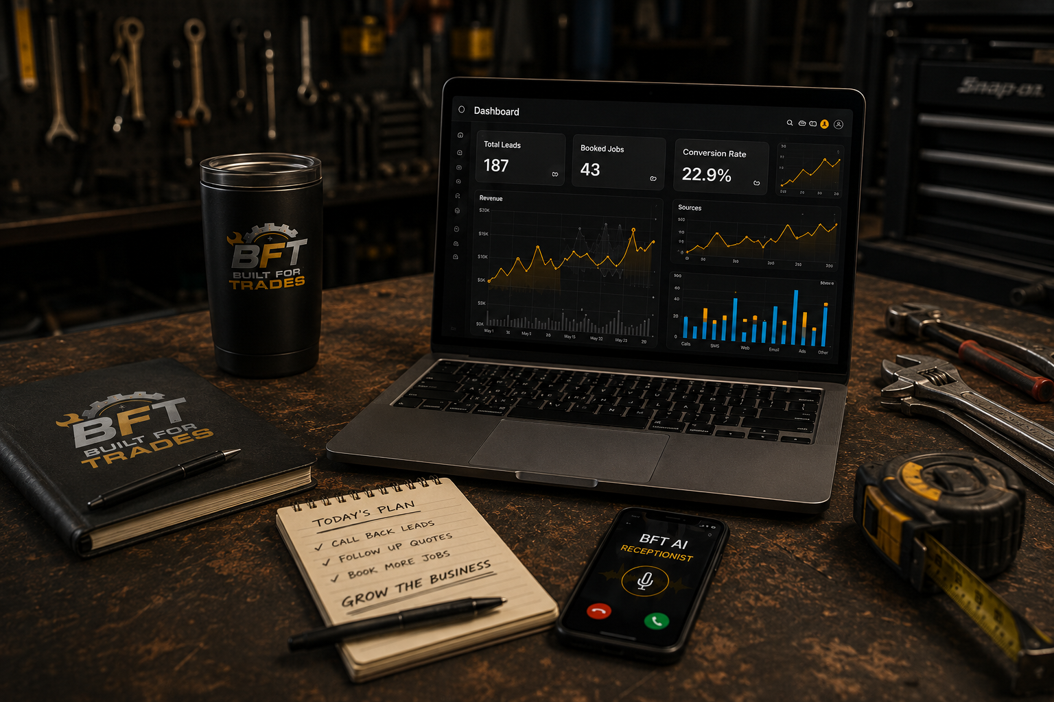 BFT dashboard, AI receptionist phone and tradie tools on a workbench