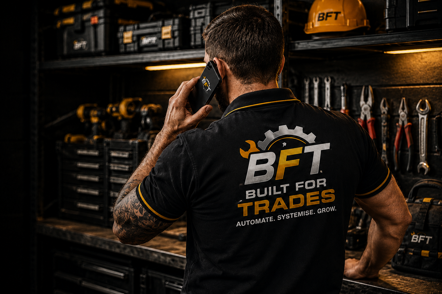 Tradesman in BFT shirt taking a call in workshop